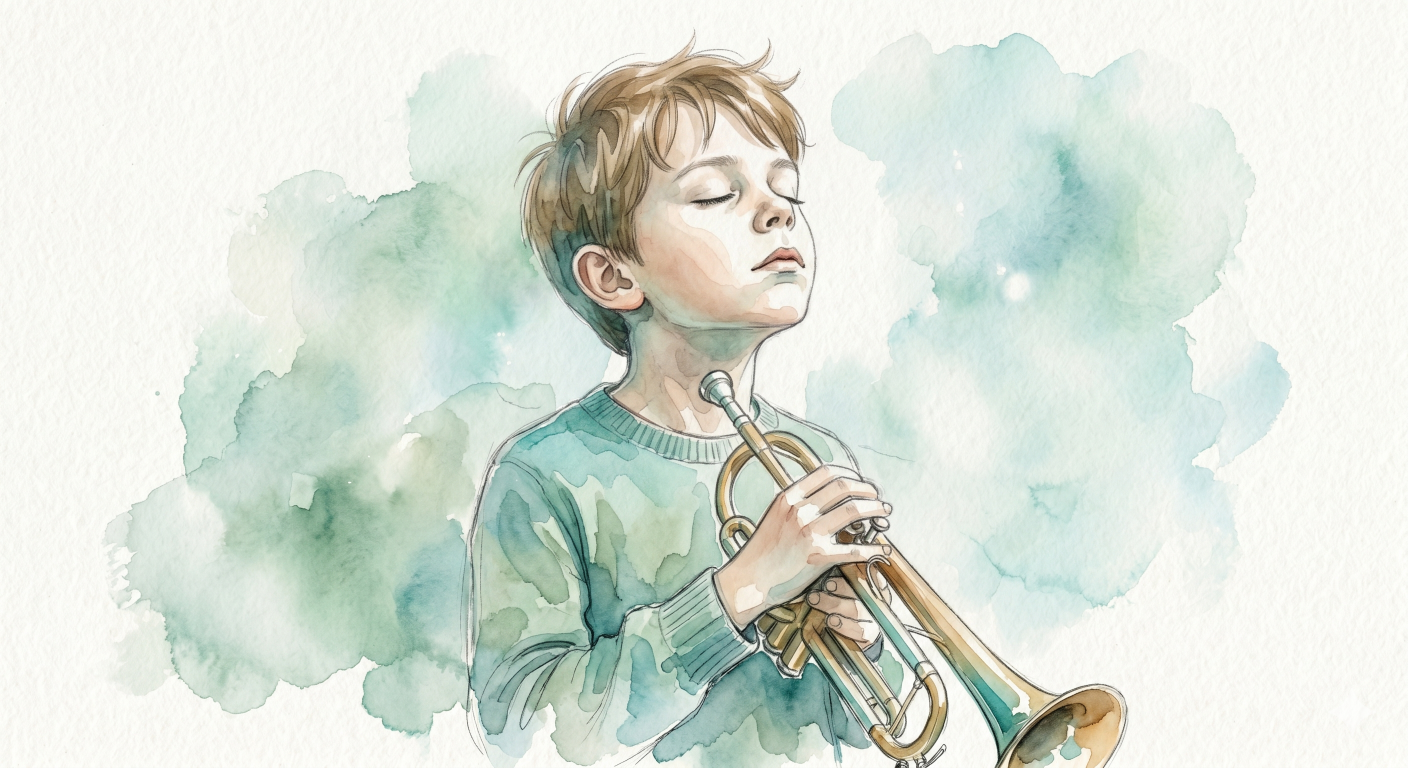 A young student playing a wind instrument with a music stand in the background, no screen in sight