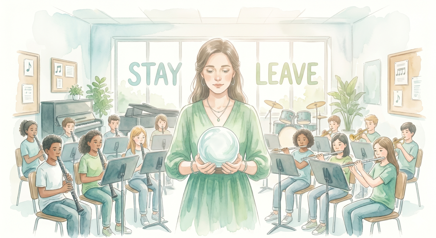 A fifth-grade student holding a band instrument next to a music stand, with a simple bar chart visible in the background suggesting data about practice