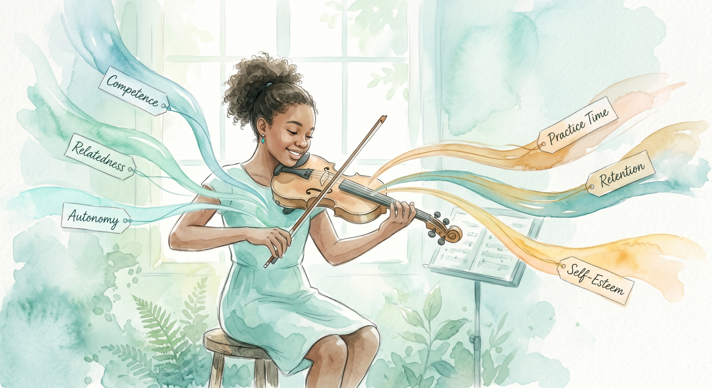 A student playing violin at a music stand