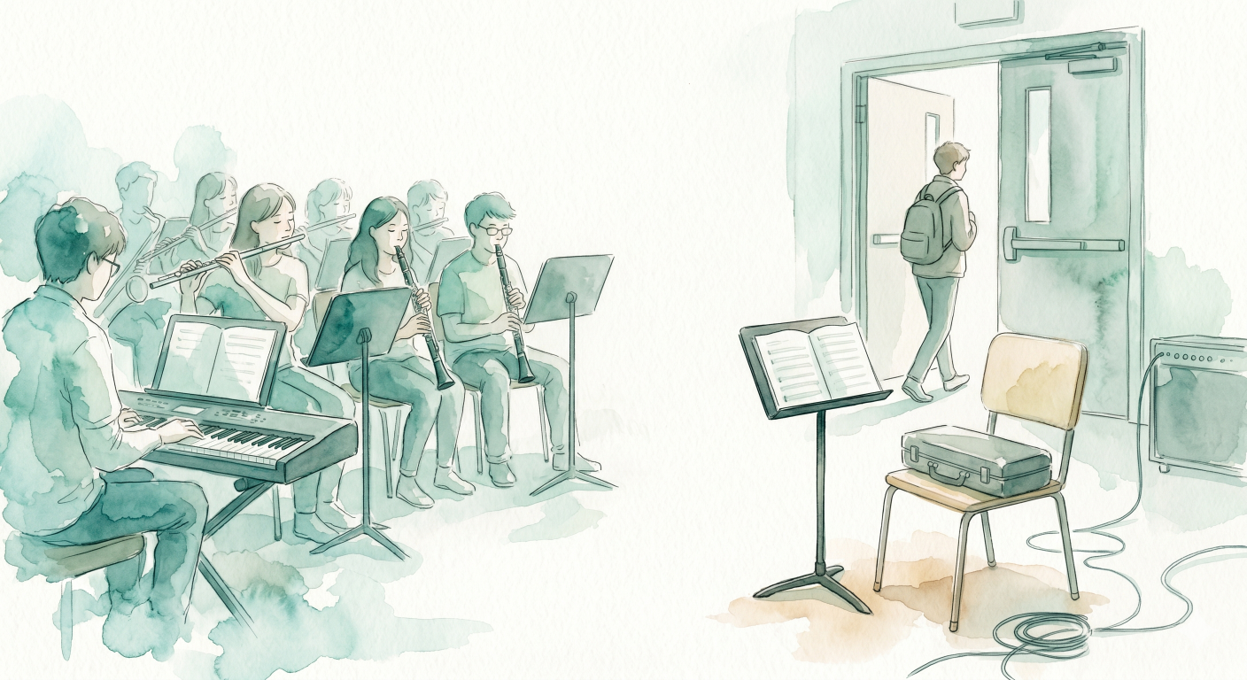 A 9th grade student leaving the band classroom