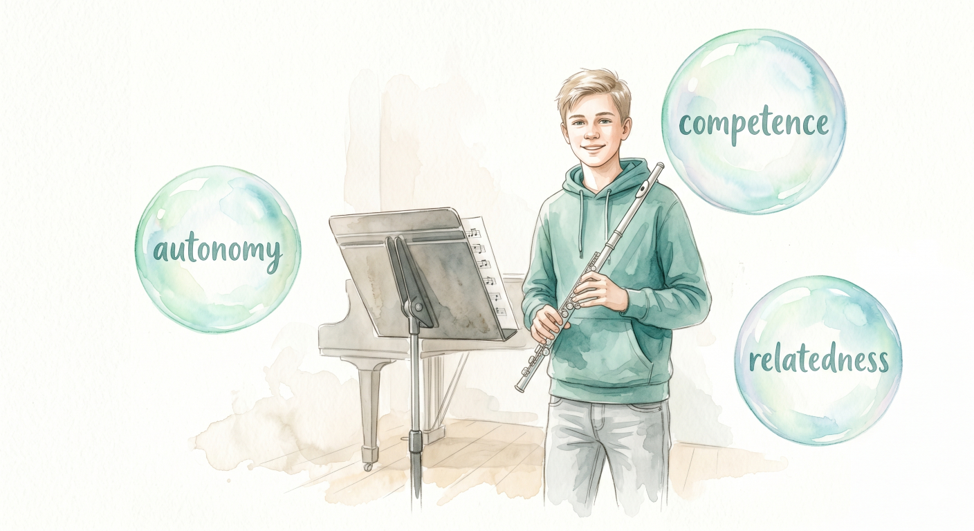 A music stand with a flutist, surrounded by three bubbles representing competence, relatedness, and autonomy