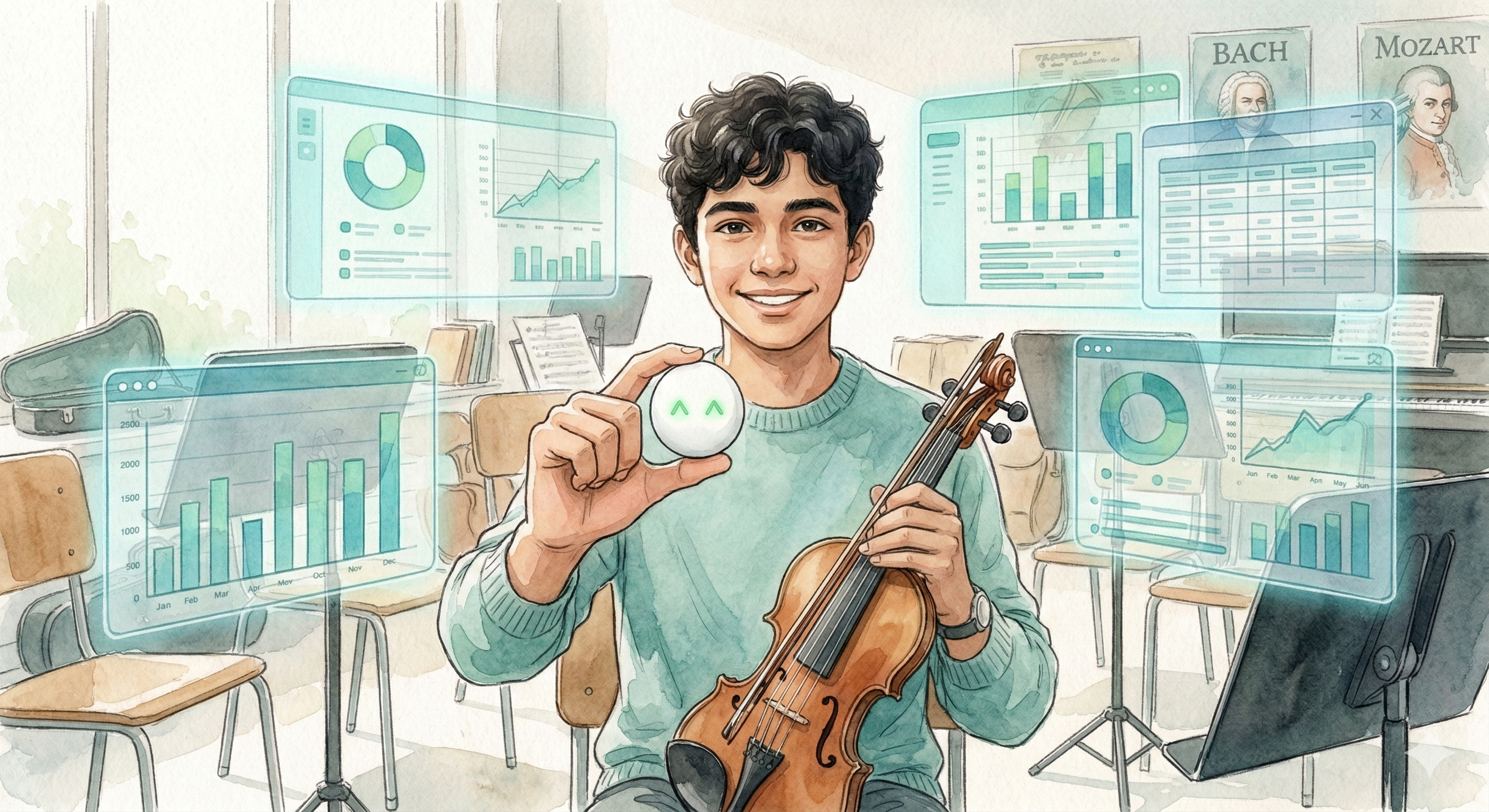 Student using Blini clip-on device on a music stand